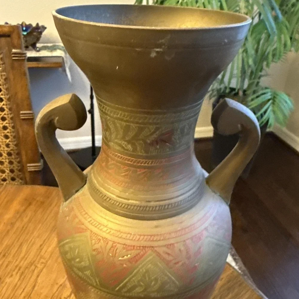Vintage Solid Brass Vase Hand Etched Floral/Leaf Design 15.5